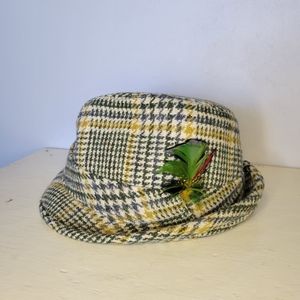 Vintage Wool Plaid Fedora Hat with Green Feathers